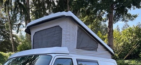 OEM-spec acrylic poptop tent for 1995–2003 Eurovan Campers. USA-made, 3-window design, in stock for same-day shipping from WA or CA. Eurovan 