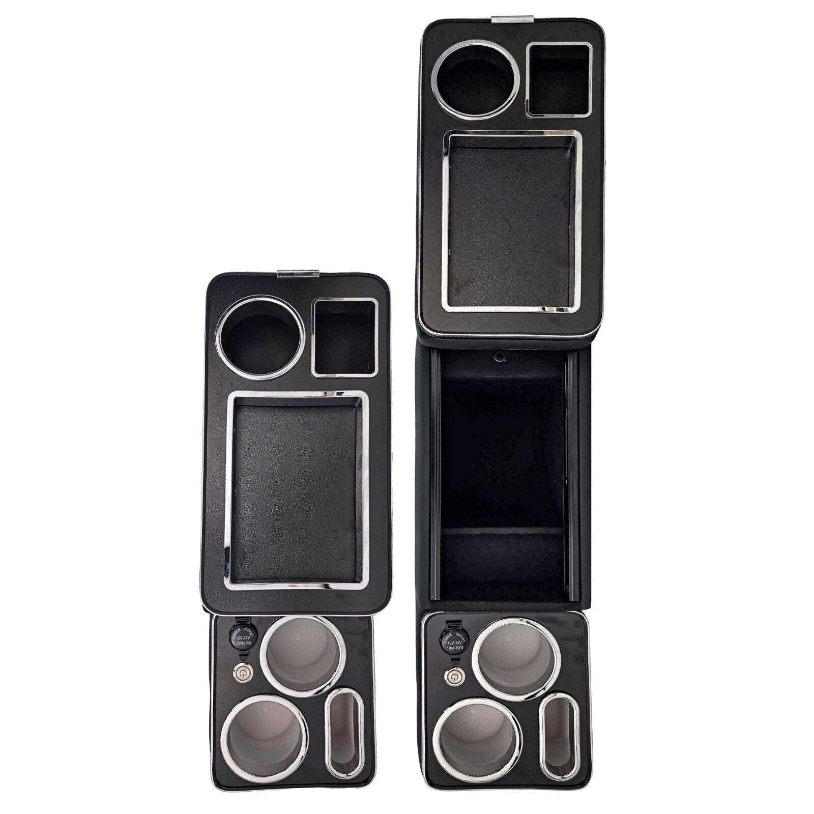Centre Console Storage Box with USB Sockets and LED Lighting - Black - Poptop World 