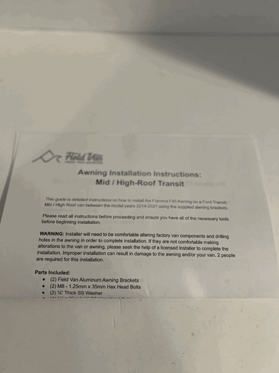 FIAMMA F45S AWNING BRACKET ADAPTER KIT FORD TRANSIT CARGO MEDIUM ROOF - Poptop World 