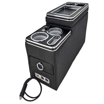 Centre Console Storage Box with USB Sockets and LED Lighting - Black - Poptop World 