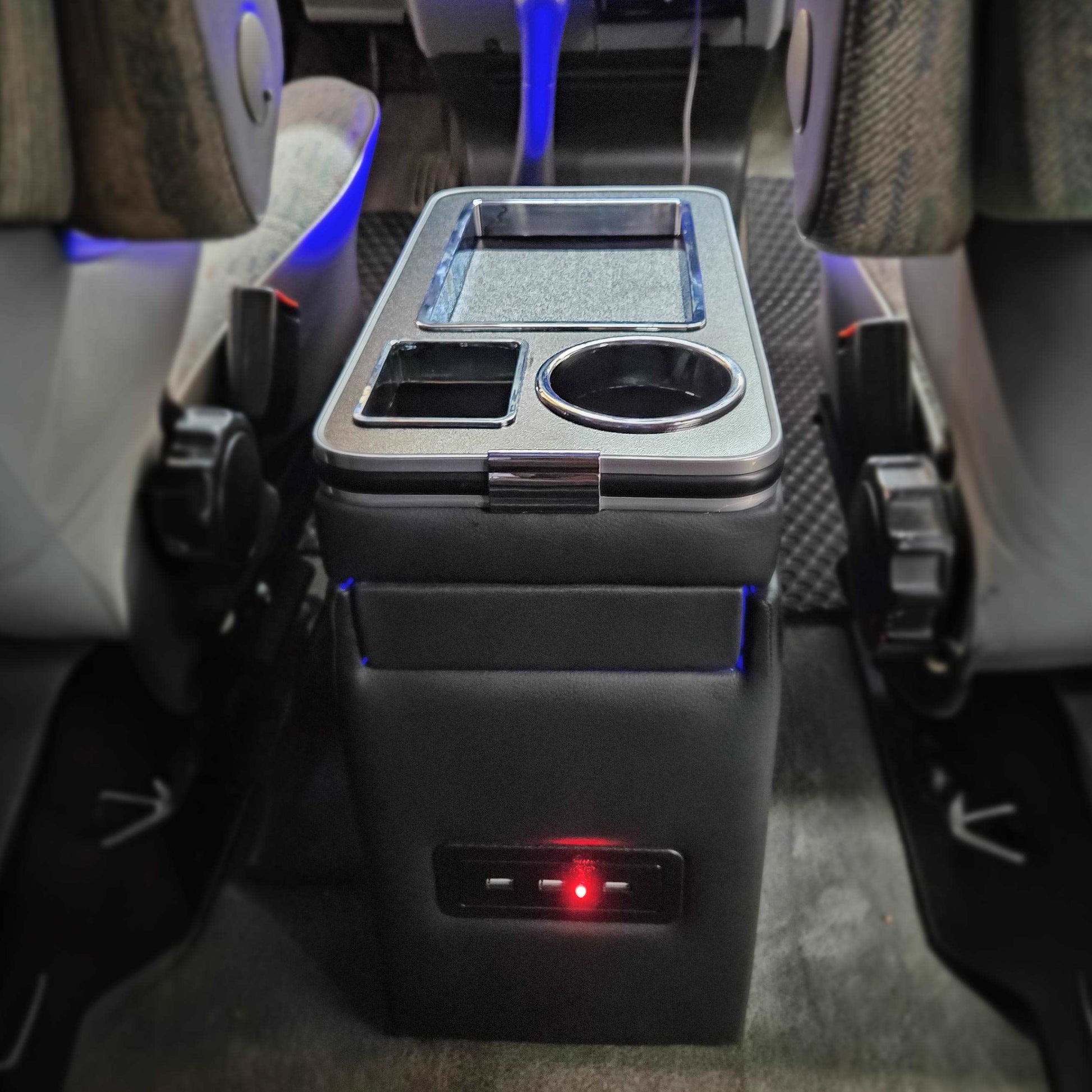 Centre Console Storage Box with USB Sockets and LED Lighting - Black - Poptop World 