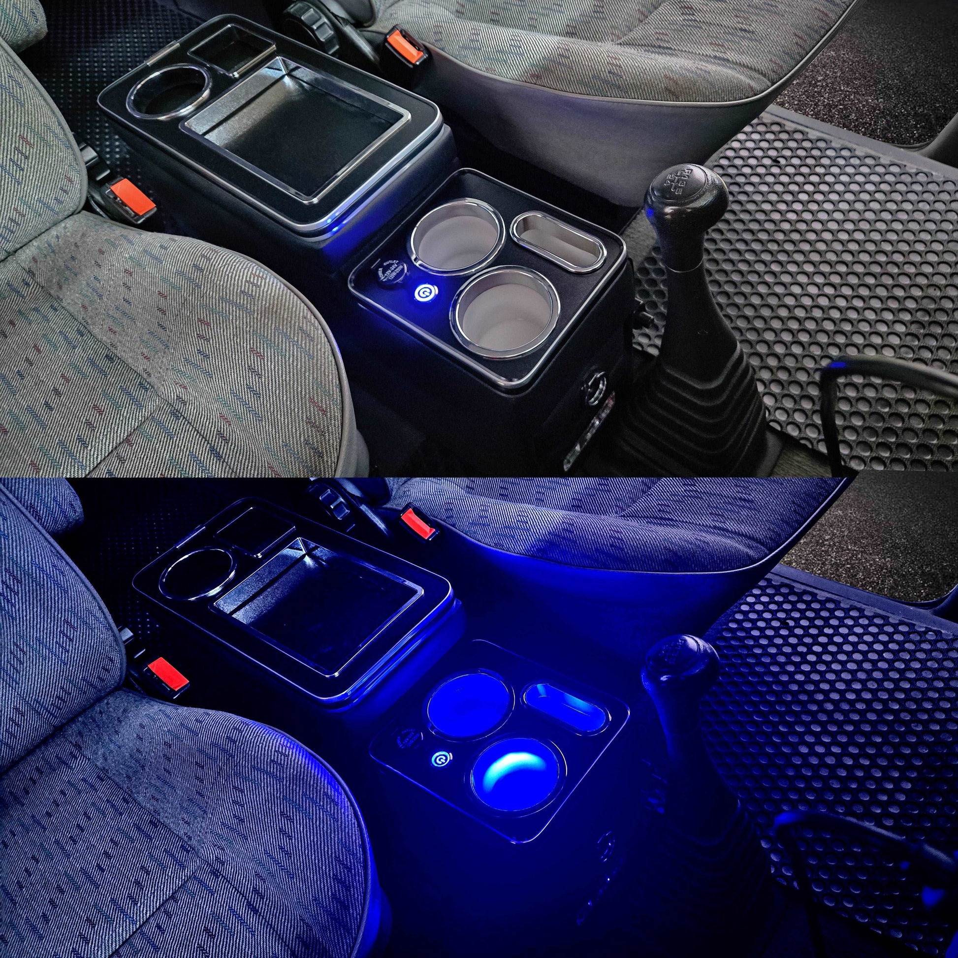 Centre Console Storage Box with USB Sockets and LED Lighting - Black - Poptop World 